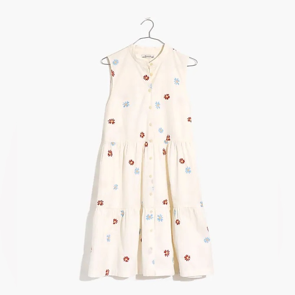 Daisy Embroidered Banded-Collar Tiered Dress
